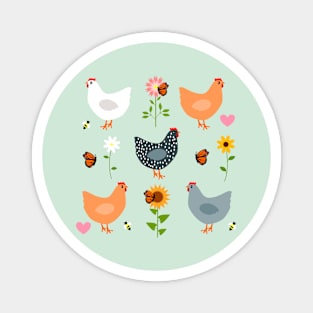 Chickens in the Flower Garden on Green Magnet